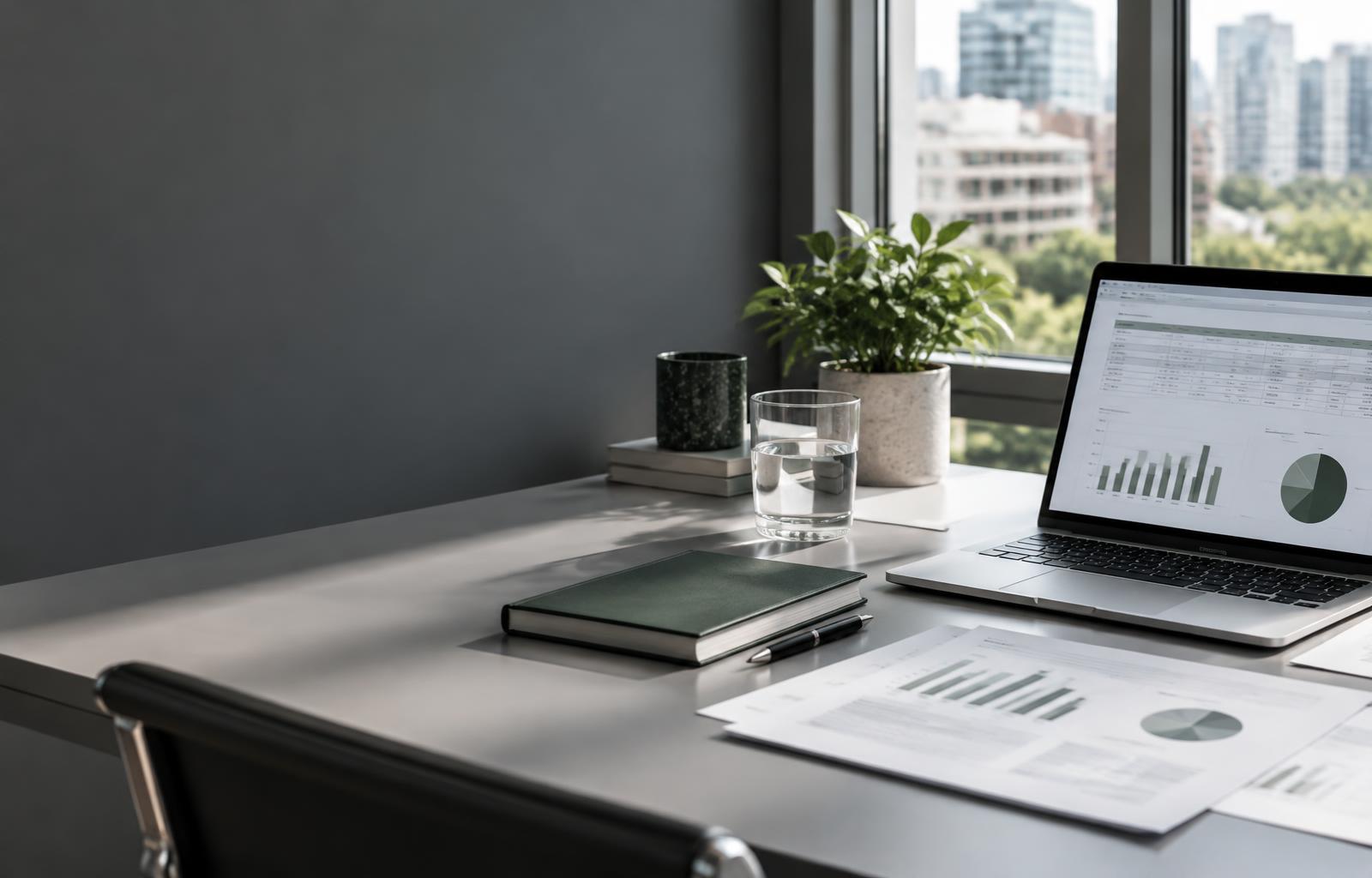 Illustrative business planning workspace with financial charts and a laptop